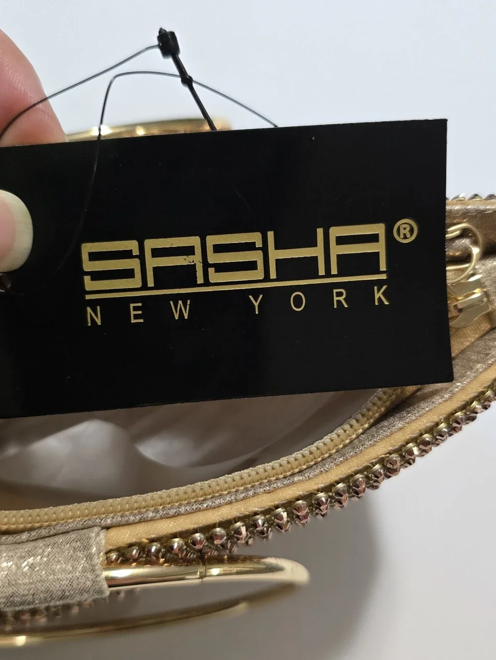NWT SASHA NEW YORK Gold Crystal Ring-Handle Evening Clutch